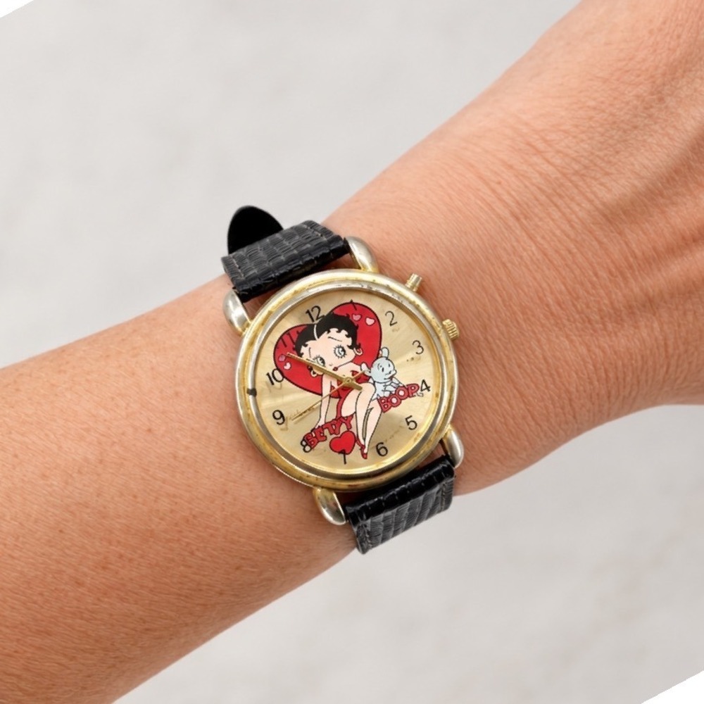 Vintage Betty Boop Watch Gold Tone Black Leather New Battery Retro Valdawn